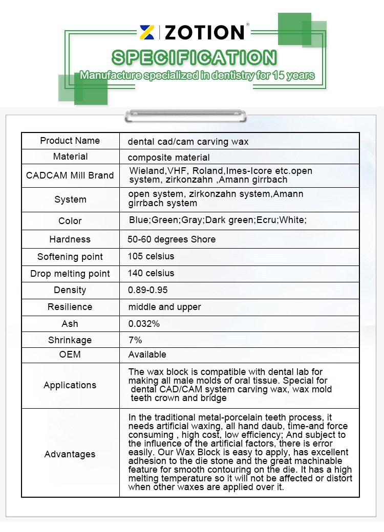 Cad Cam Milling material Dental Wax Blank specification Cad Cam Milling material Dental Wax Blank specification